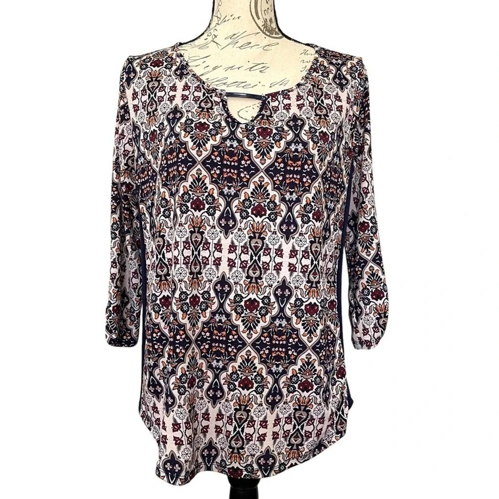 Naif Blouse Women PL Navy Blue Boho Medallion Roll Tab Sleeve Keyhole Career